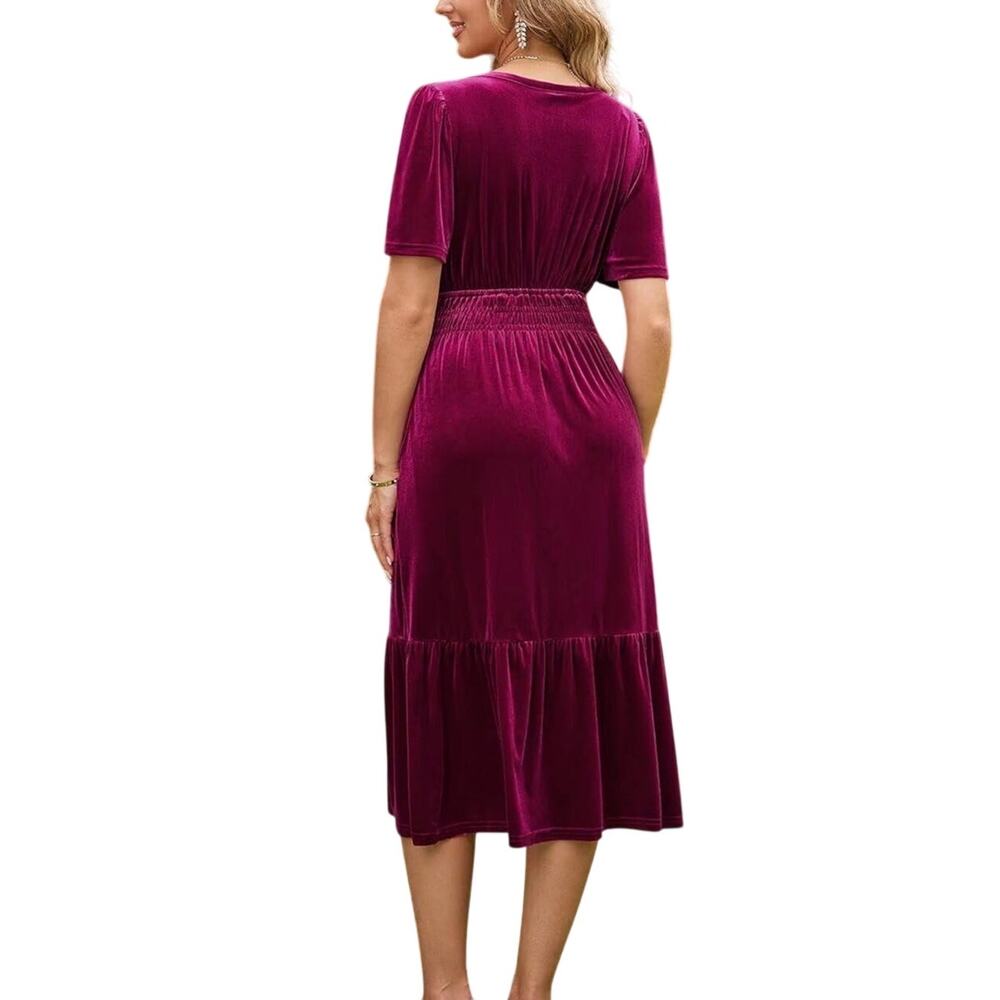Dokotoo Burgundy Velvet Midi Dress Women’s L V Neck Ruffle Tier Pockets NWT - Picture 3 of 10